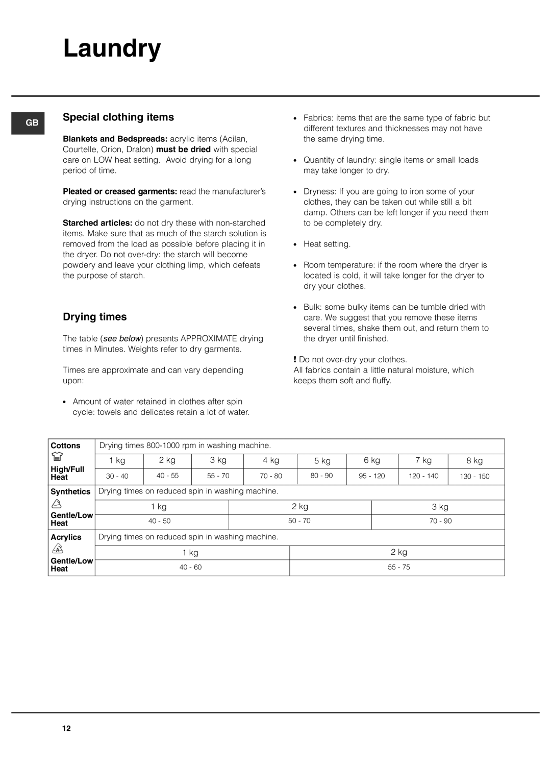 Hotpoint TCEl 87B Experience manual Special clothing items, Drying times 