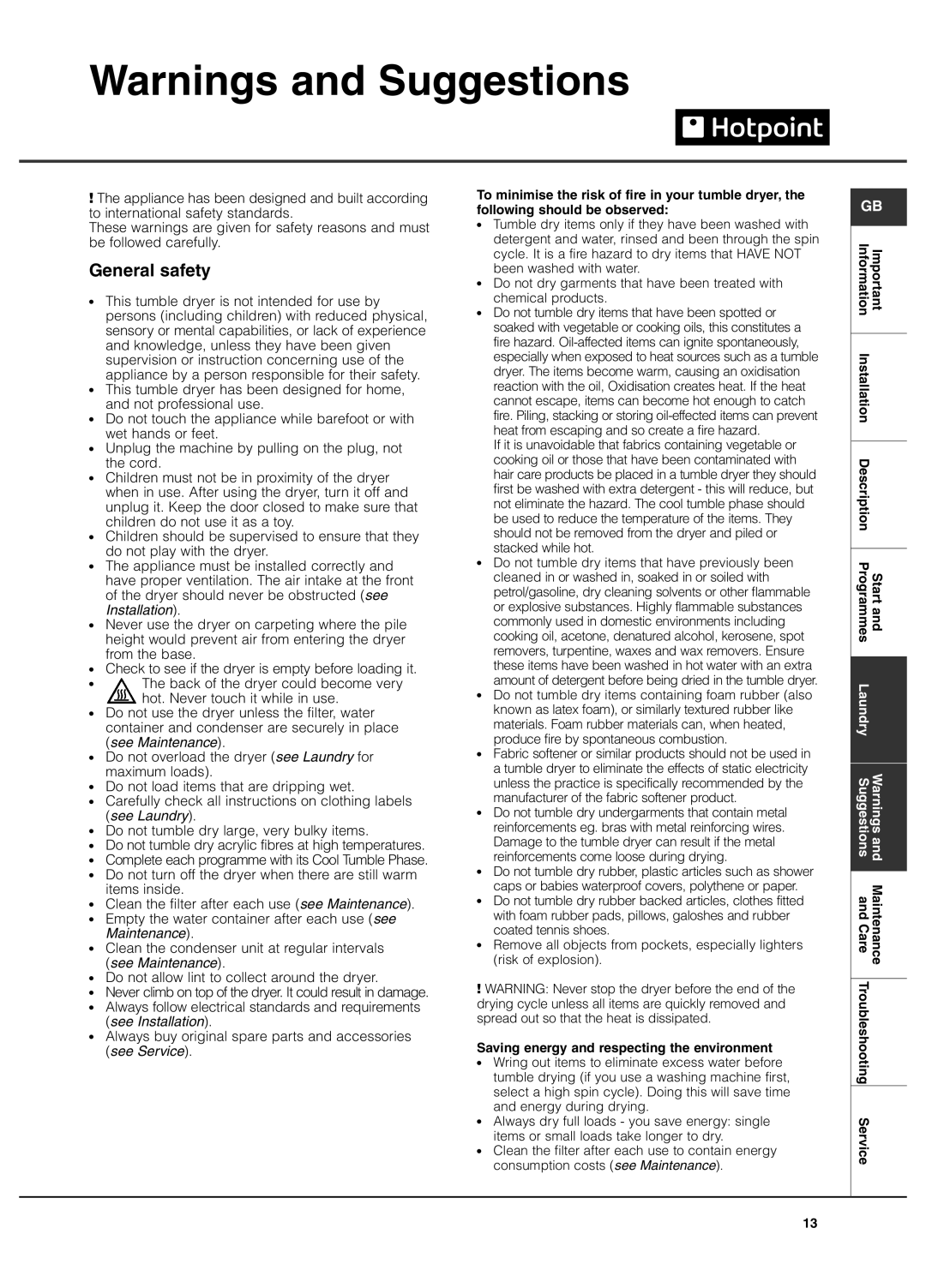 Hotpoint TCEl 87B Experience manual General safety, Saving energy and respecting the environment 