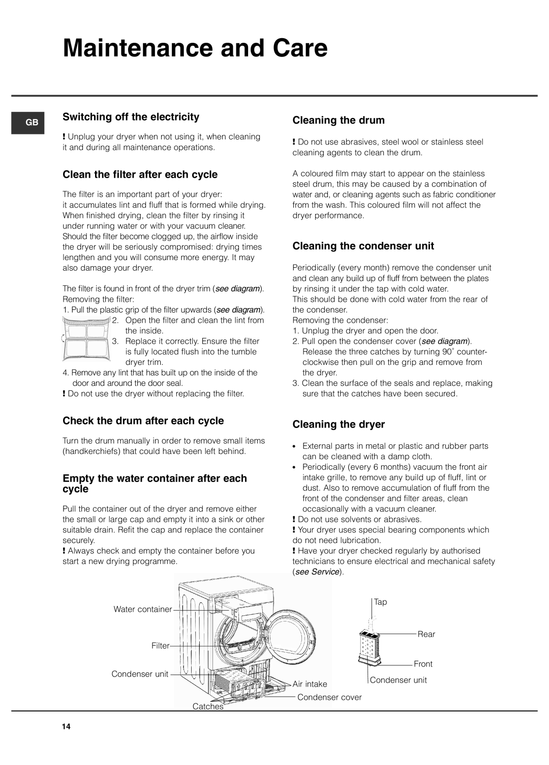 Hotpoint TCEl 87B Experience manual Maintenance and Care 