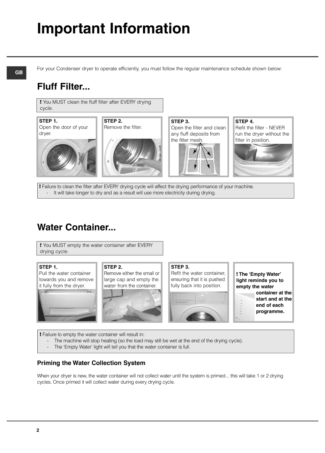 Hotpoint TCEl 87B Experience Important Information, Fluff Filter, Water Container, Priming the Water Collection System 