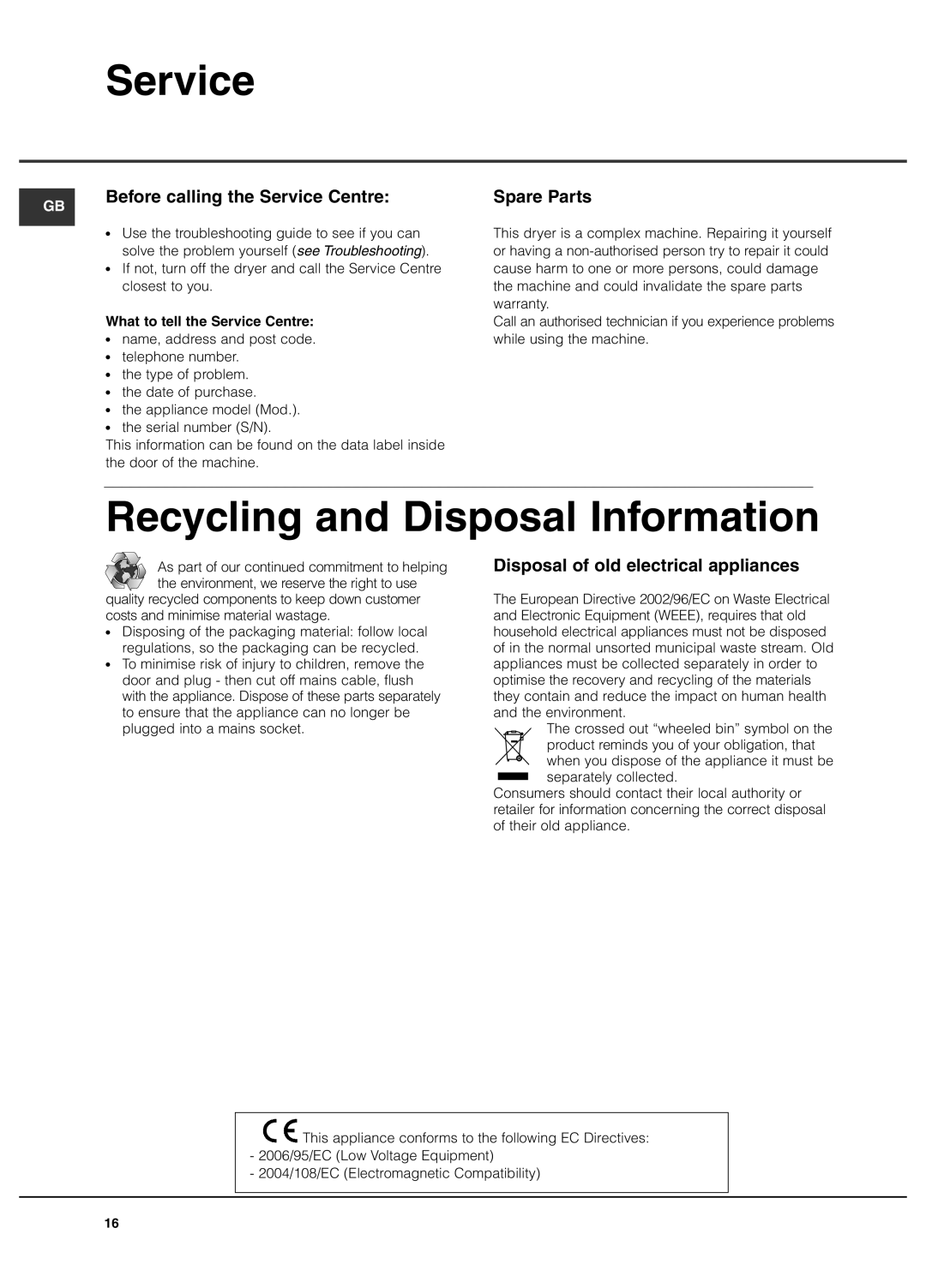 Hotpoint TCEl 87B Experience manual Recycling and Disposal Information, Before calling the Service Centre, Spare Parts 