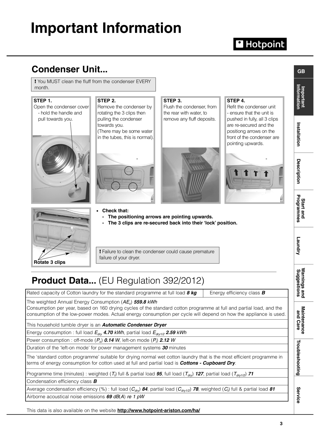 Hotpoint TCEl 87B Experience manual Condenser Unit, Important Information, Product Data... EU Regulation 392/2012 
