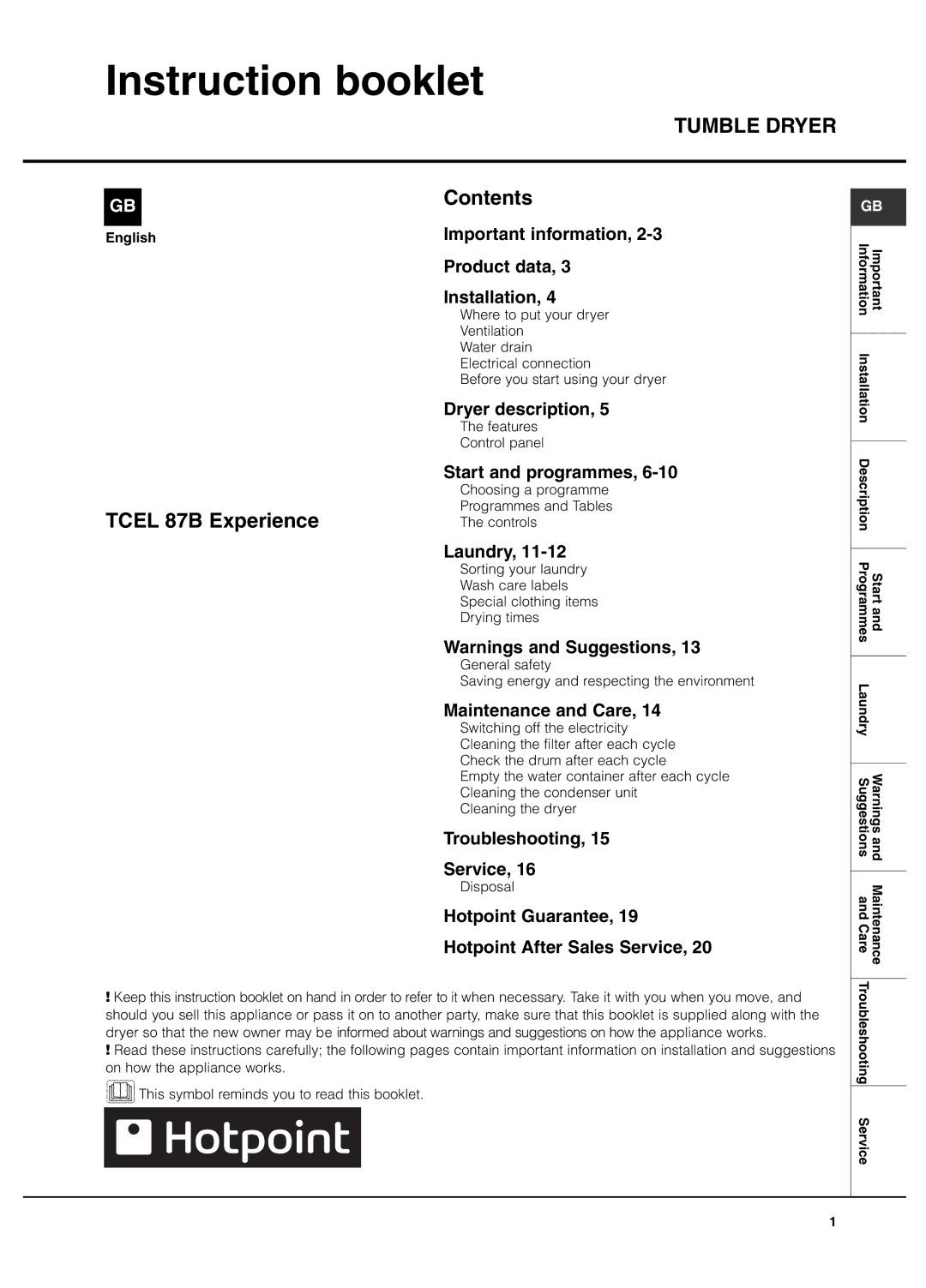 Hotpoint TCEL 87B manual Instruction booklet, Tumble Dryer 