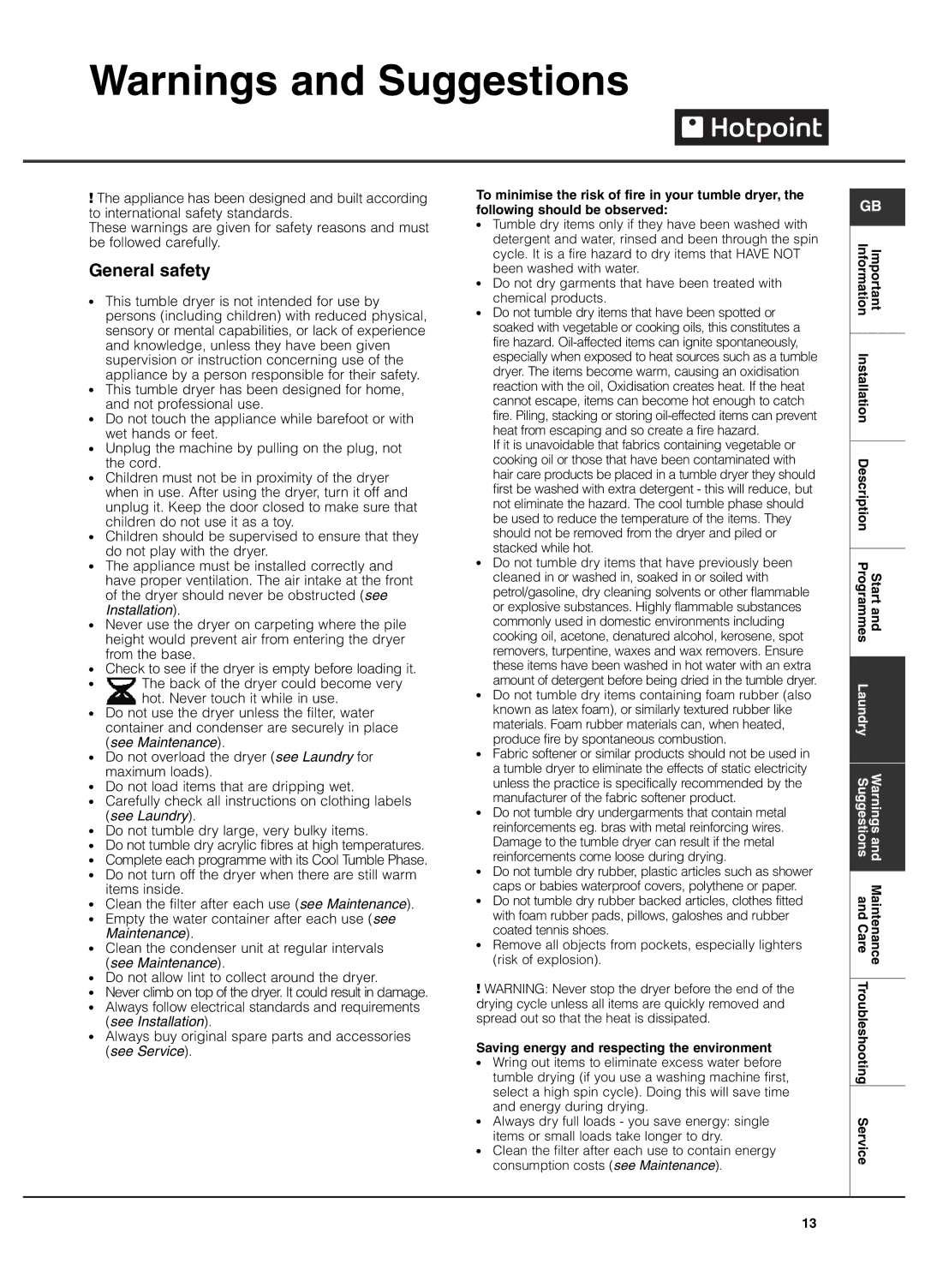 Hotpoint TCEL 87B manual General safety, Saving energy and respecting the environment 