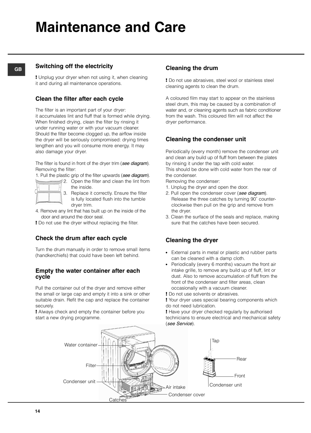 Hotpoint TCEL 87B manual Maintenance and Care 