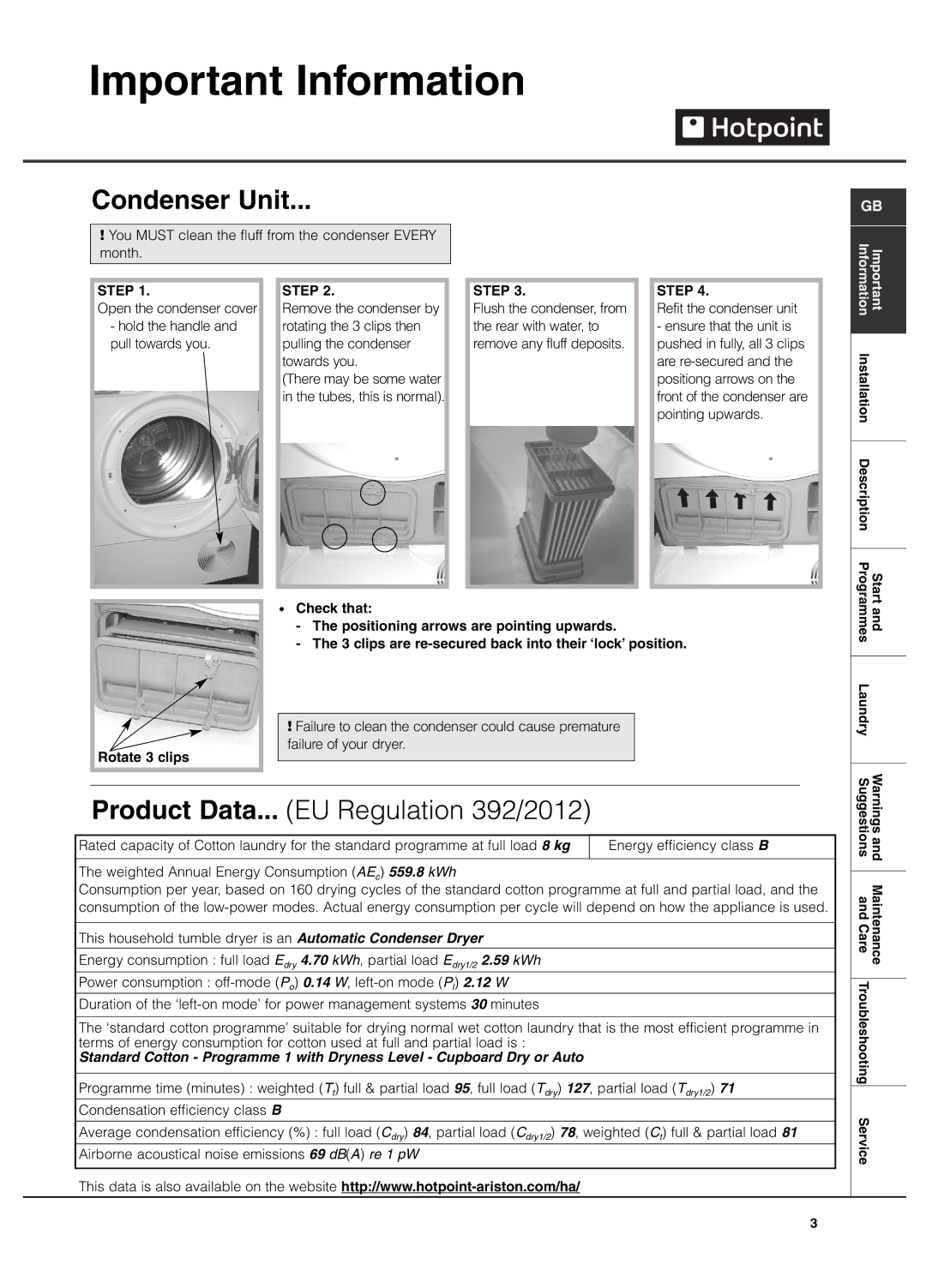 Hotpoint TCEL 87B manual Condenser Unit, Refit the condenser unit 