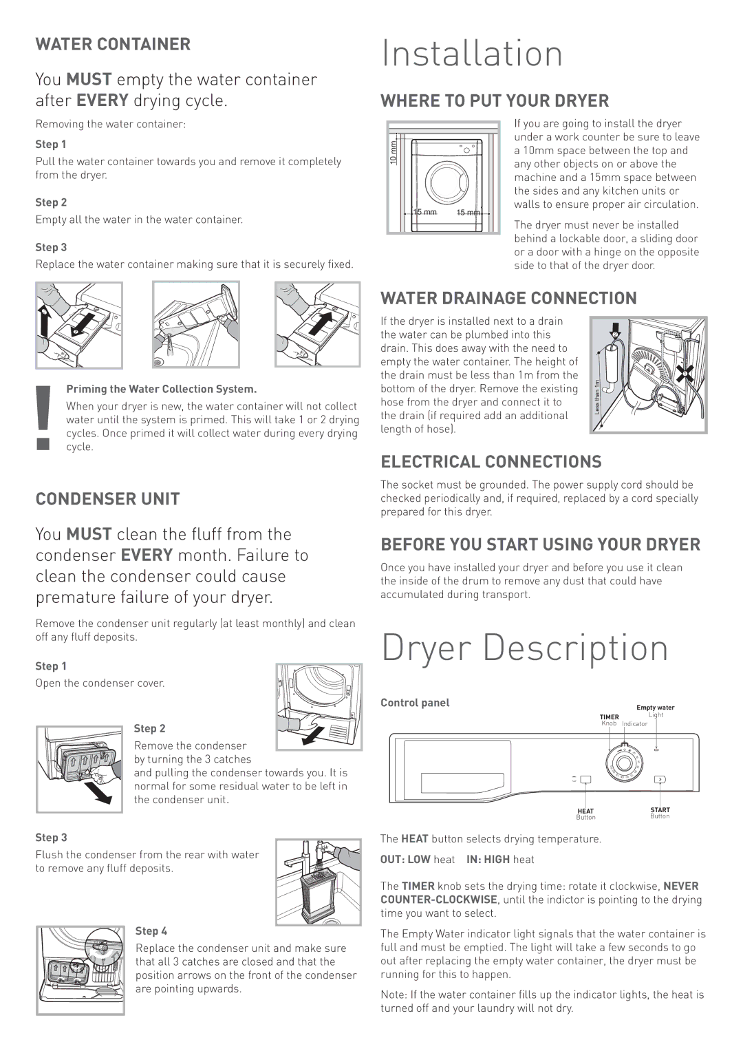 Hotpoint TCYM 80C, TCEM 80C, TCFM 80C manual Installation, Dryer Description 