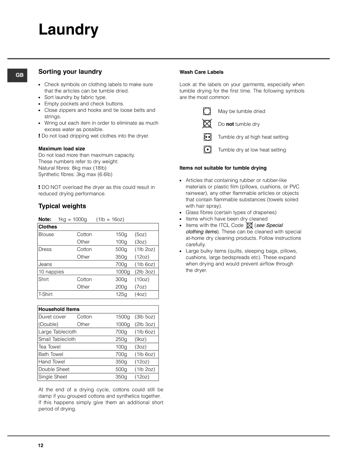 Hotpoint TCFG 87C manual Laundry, Sorting your laundry, Typical weights 