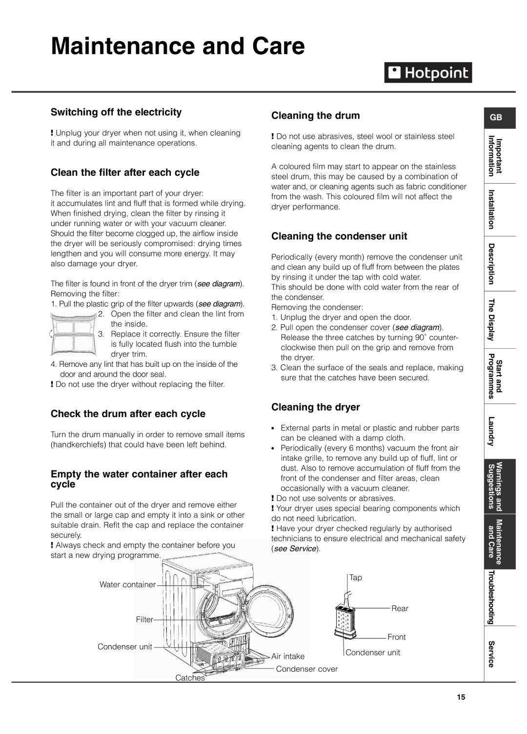 Hotpoint TCFG 87C manual Maintenance and Care 