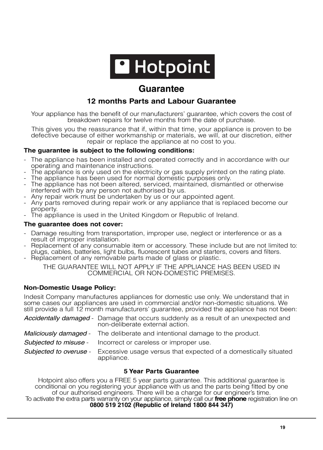 Hotpoint TCFG 87C manual Guarantee 