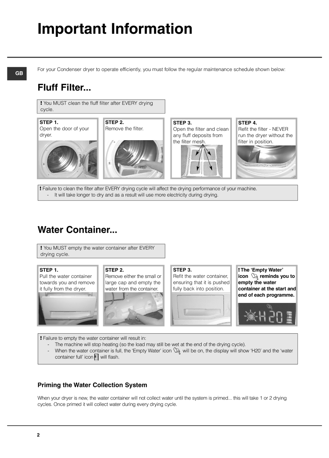 Hotpoint TCFG 87C manual Important Information, Fluff Filter, Water Container, Priming the Water Collection System 