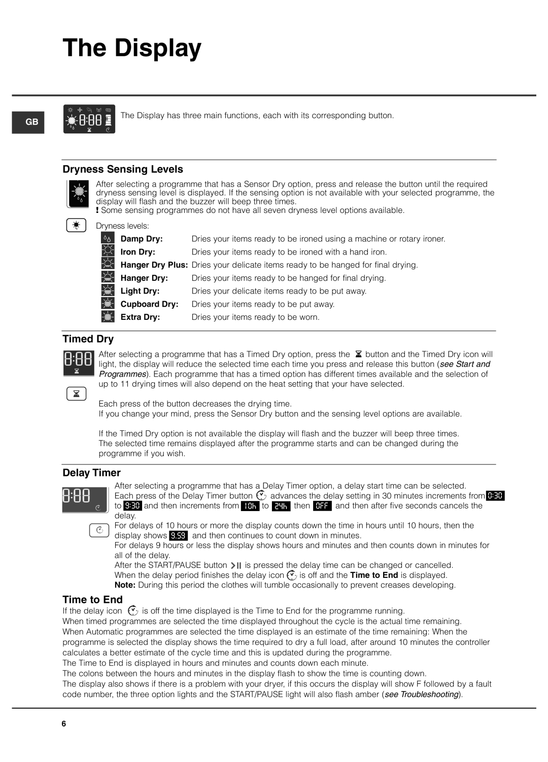 Hotpoint TCFG 87C manual Display, Dryness Sensing Levels, Timed Dry, Delay Timer, Time to End 