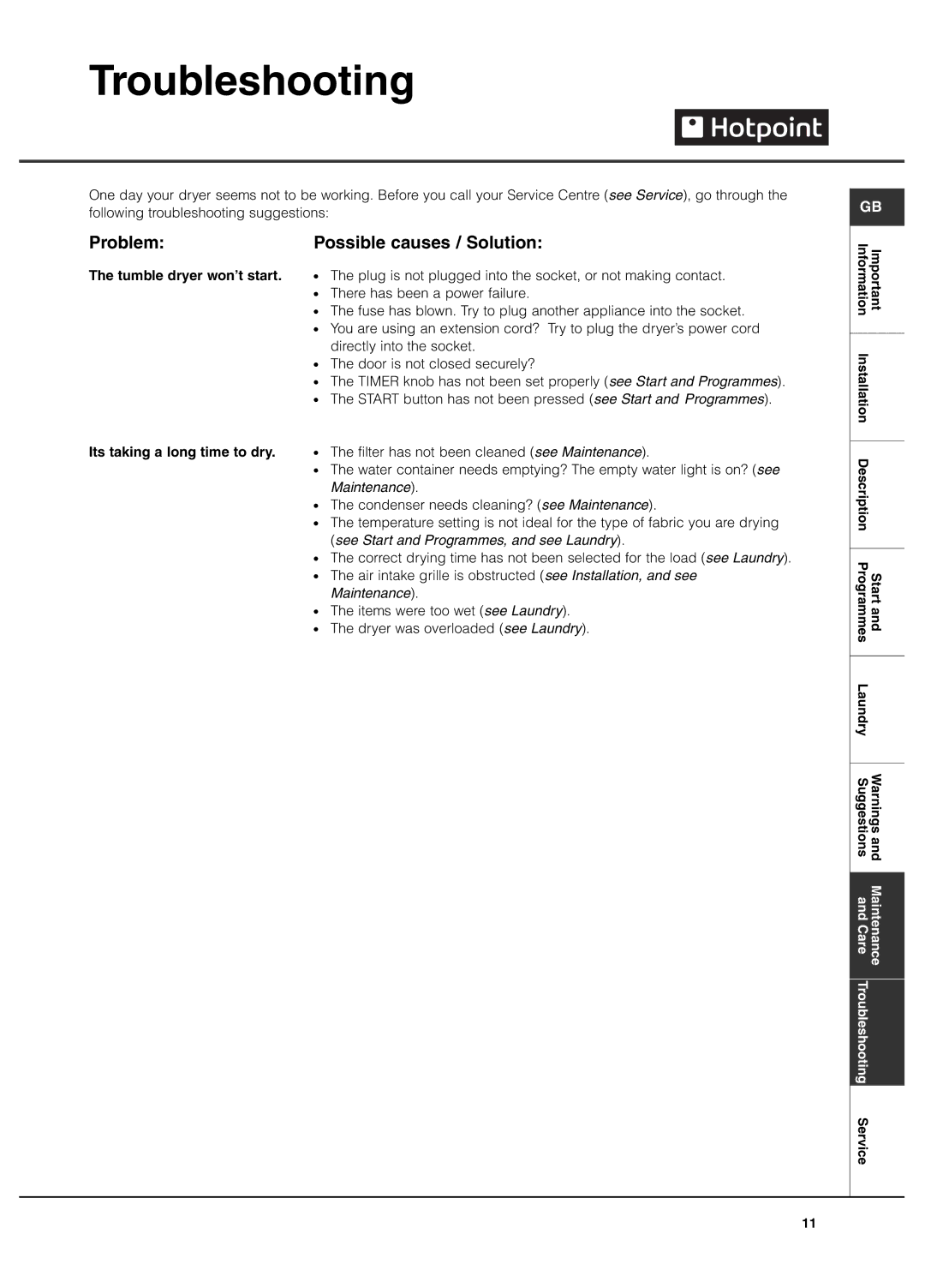 Hotpoint TCFM 70C Futura manual Troubleshooting, Problem Possible causes / Solution, Tumble dryer won’t start 