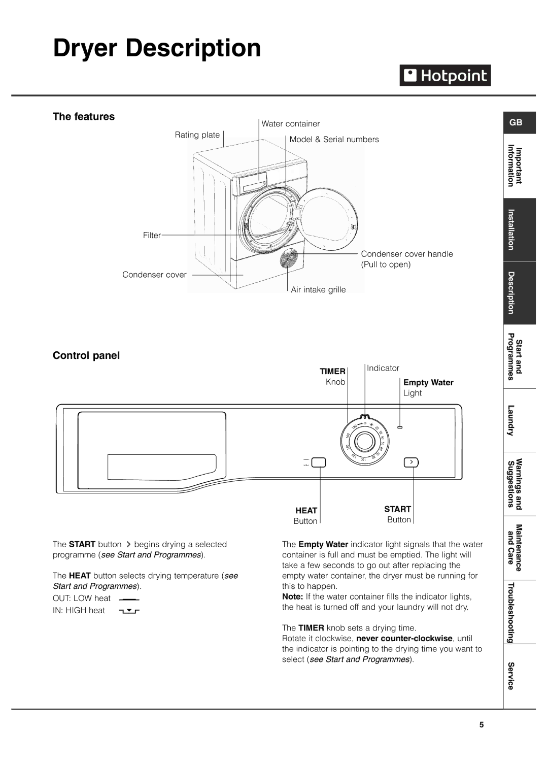 Hotpoint TCFM 70C Futura manual Dryer Description, Features, Control panel 