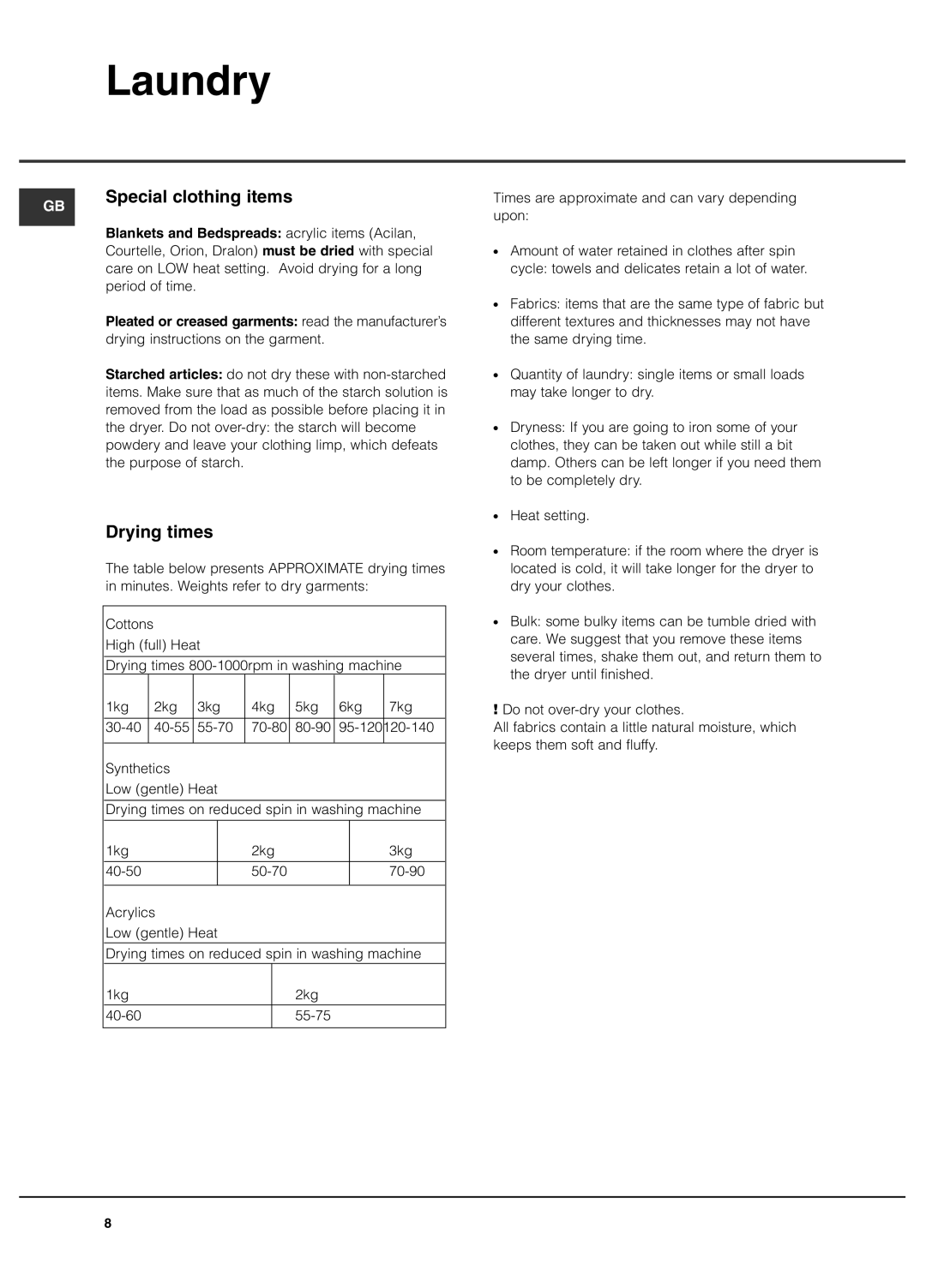 Hotpoint TCFM 70C Futura manual Special clothing items, Drying times 