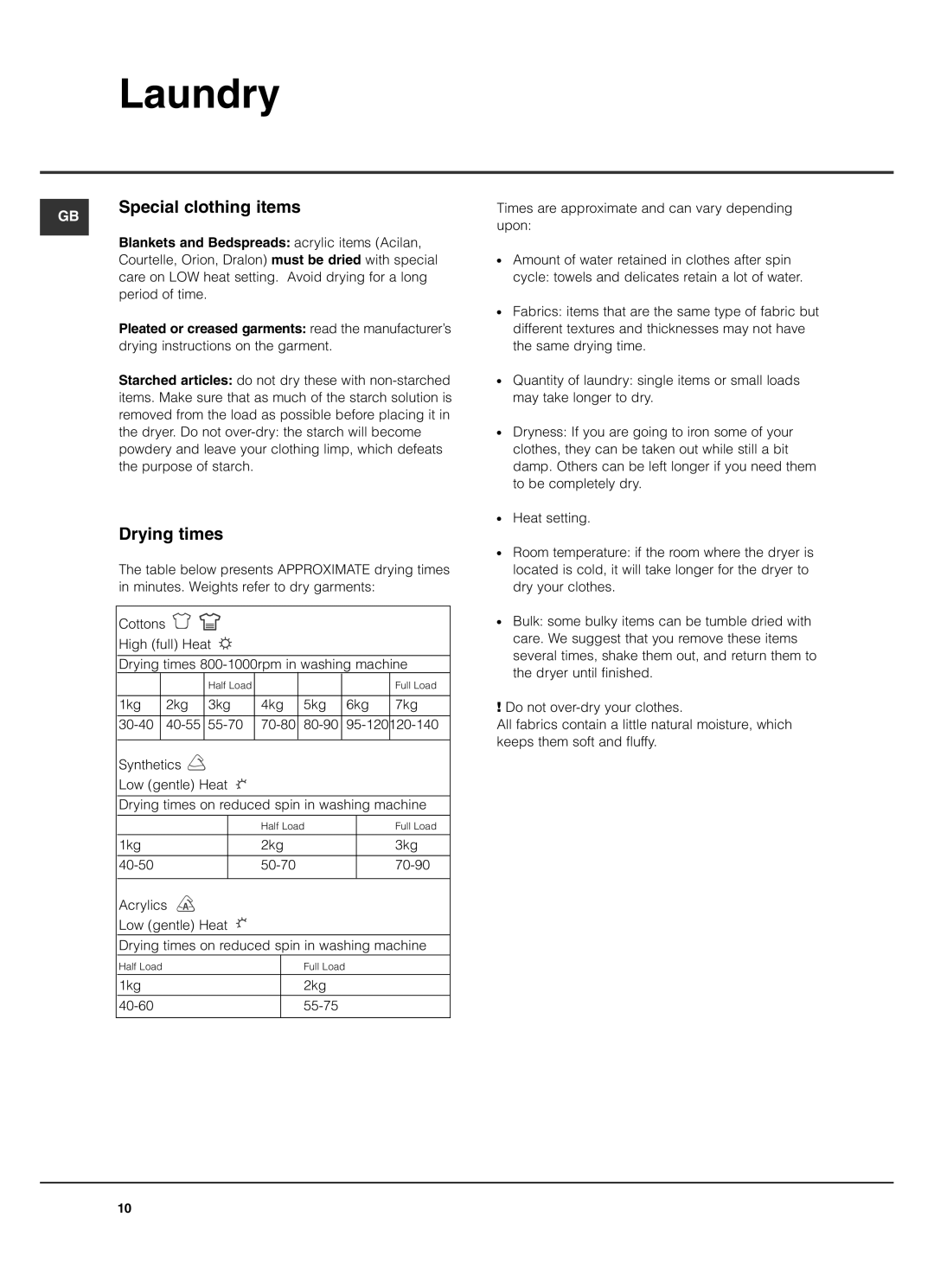 Hotpoint TCL770 manual Special clothing items, Drying times 