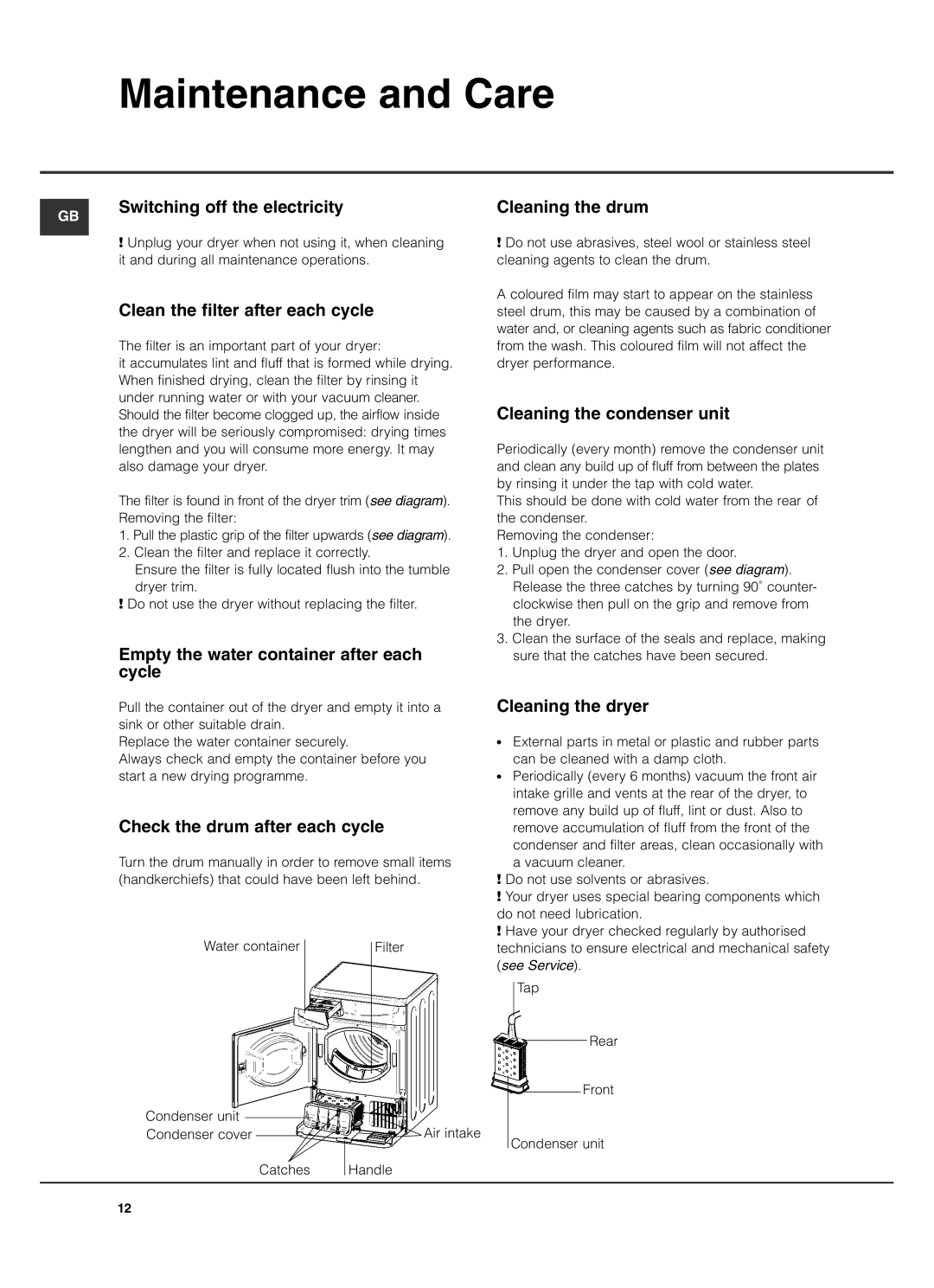 Hotpoint TCL770 manual Maintenance and Care 