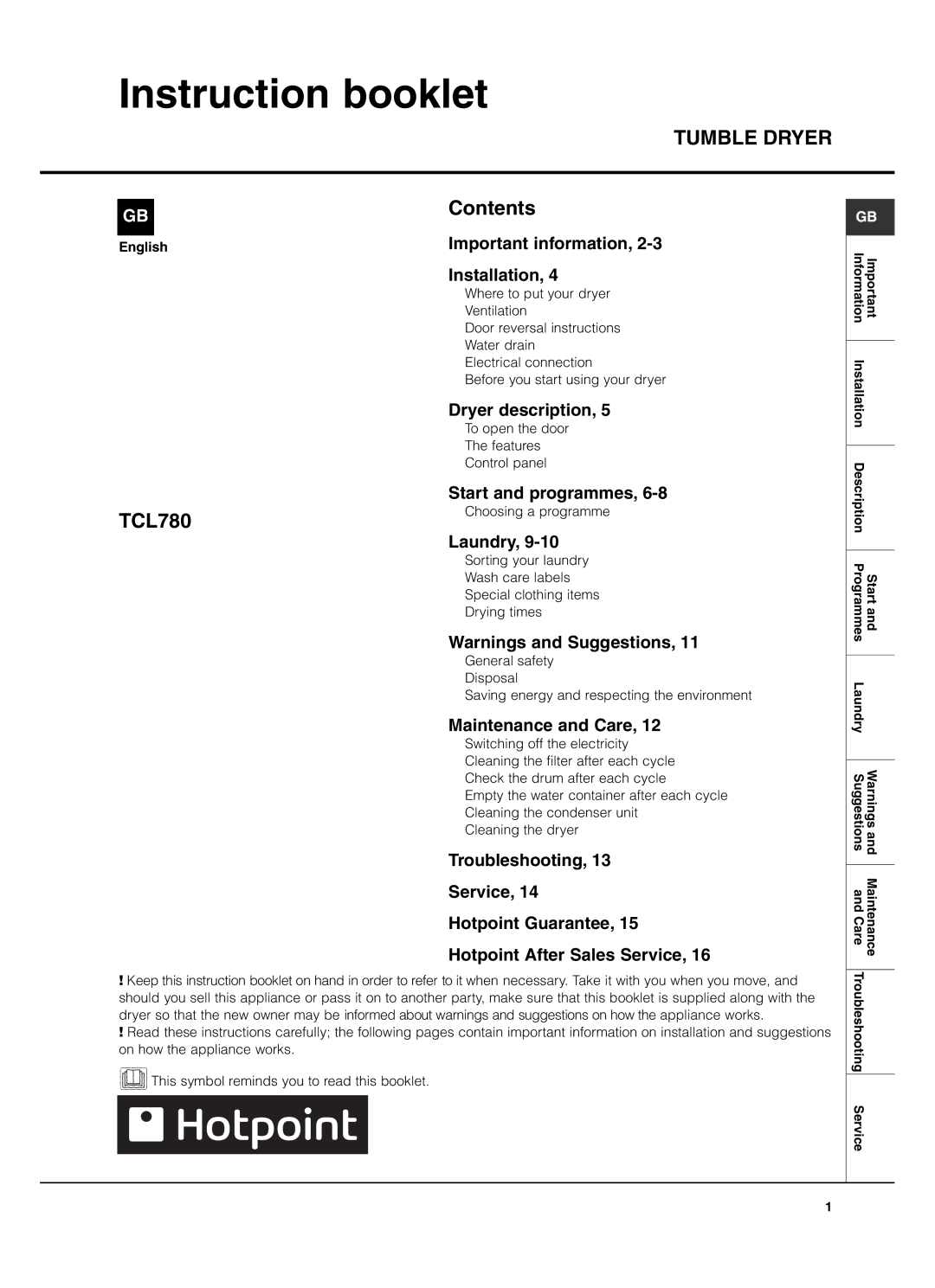 Hotpoint TCL780 manual Instruction booklet, Tumble Dryer 