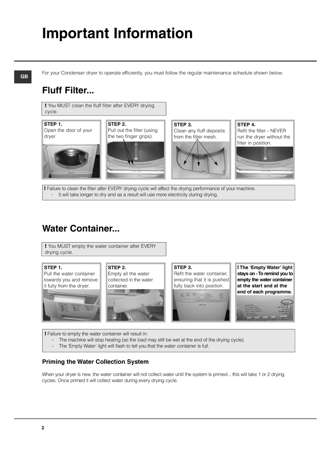 Hotpoint TCL780 manual Important Information, Fluff Filter, Water Container, Priming the Water Collection System 