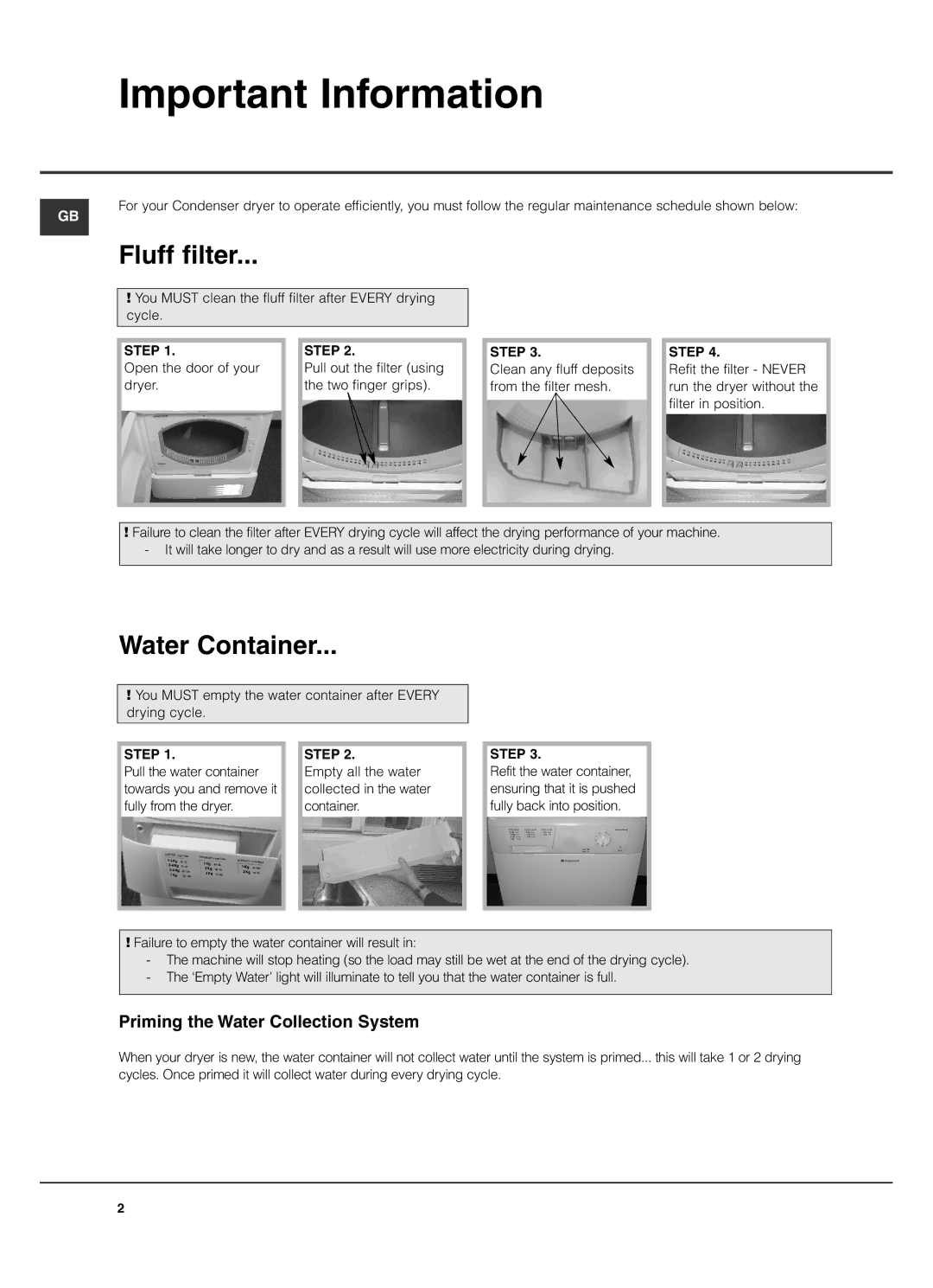 Hotpoint TCM570 manual Important Information, Priming the Water Collection System 