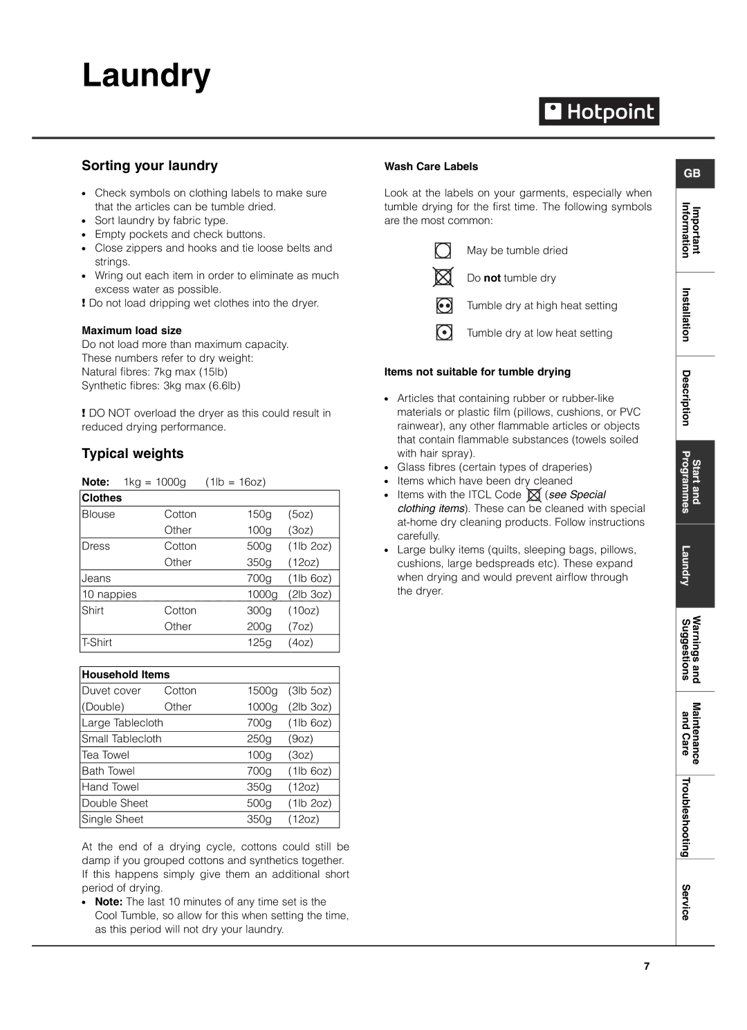 Hotpoint TCM570 manual Laundry, Sorting your laundry, Typical weights 