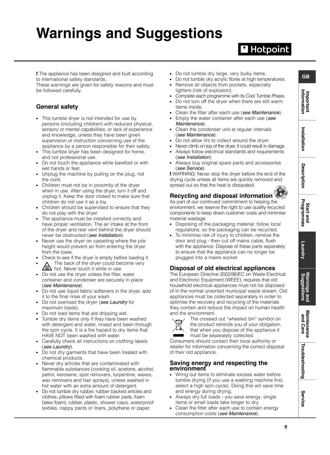 Hotpoint TCM570 manual General safety, Recycling and disposal information, Disposal of old electrical appliances 