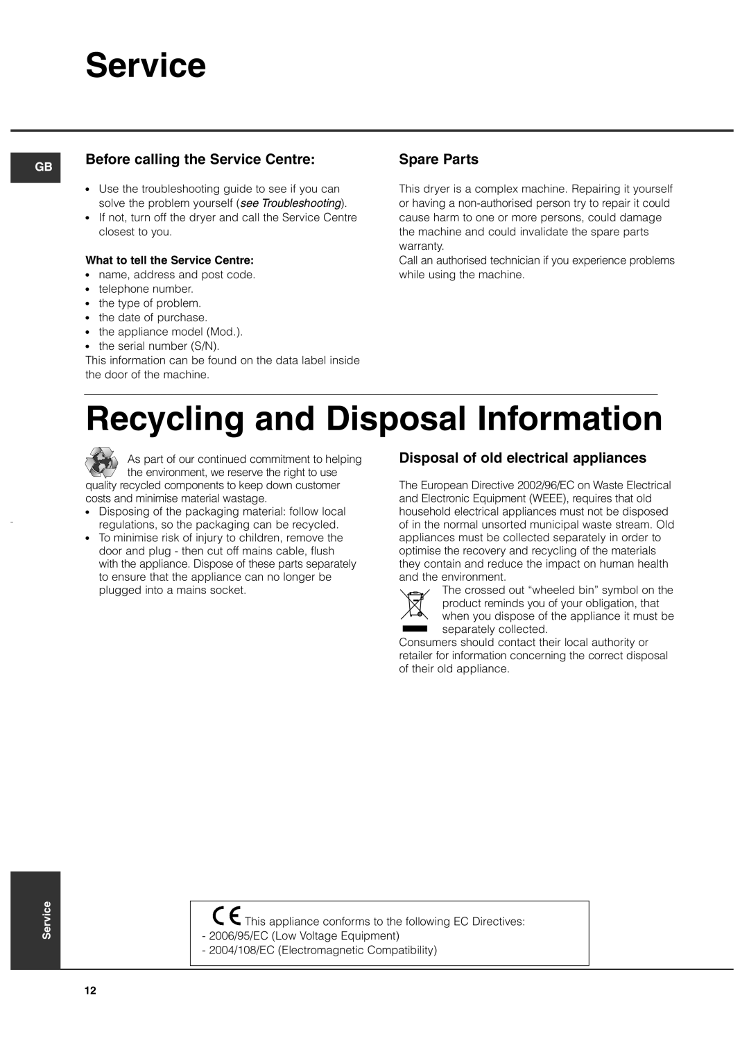 Hotpoint TCM580 manual Recycling and Disposal Information, Before calling the Service Centre, Spare Parts 