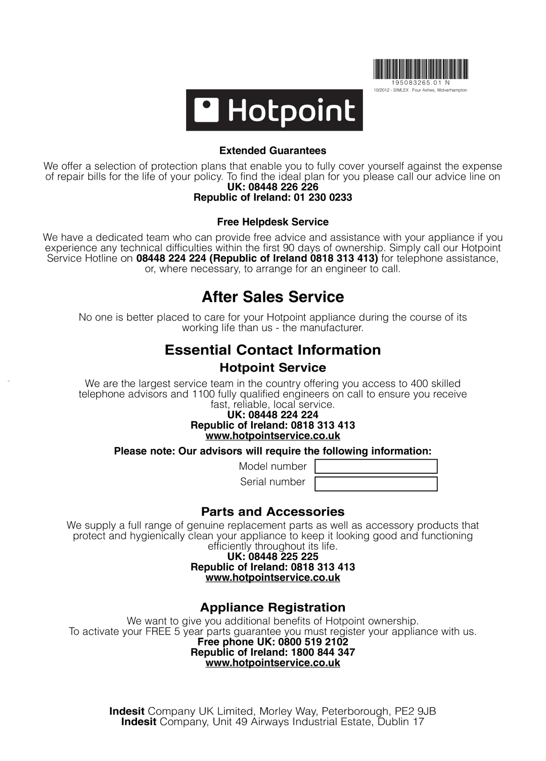 Hotpoint TCM580 manual After Sales Service, Extended Guarantees, UK 08448 225 Republic of Ireland 0818 313 