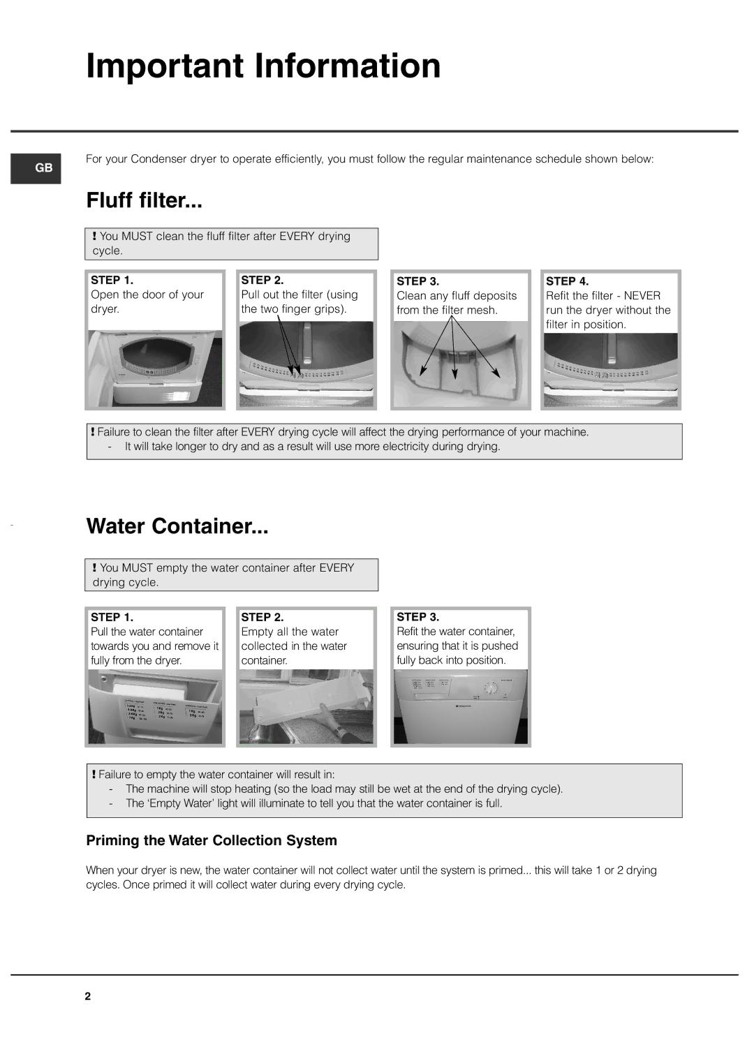 Hotpoint TCM580 manual Important Information, Fluff filter, Water Container, Priming the Water Collection System 