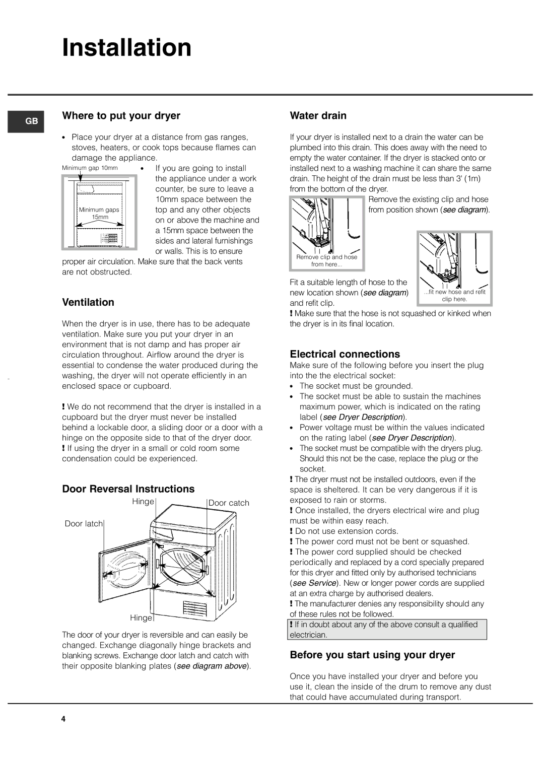 Hotpoint TCM580 manual Installation 