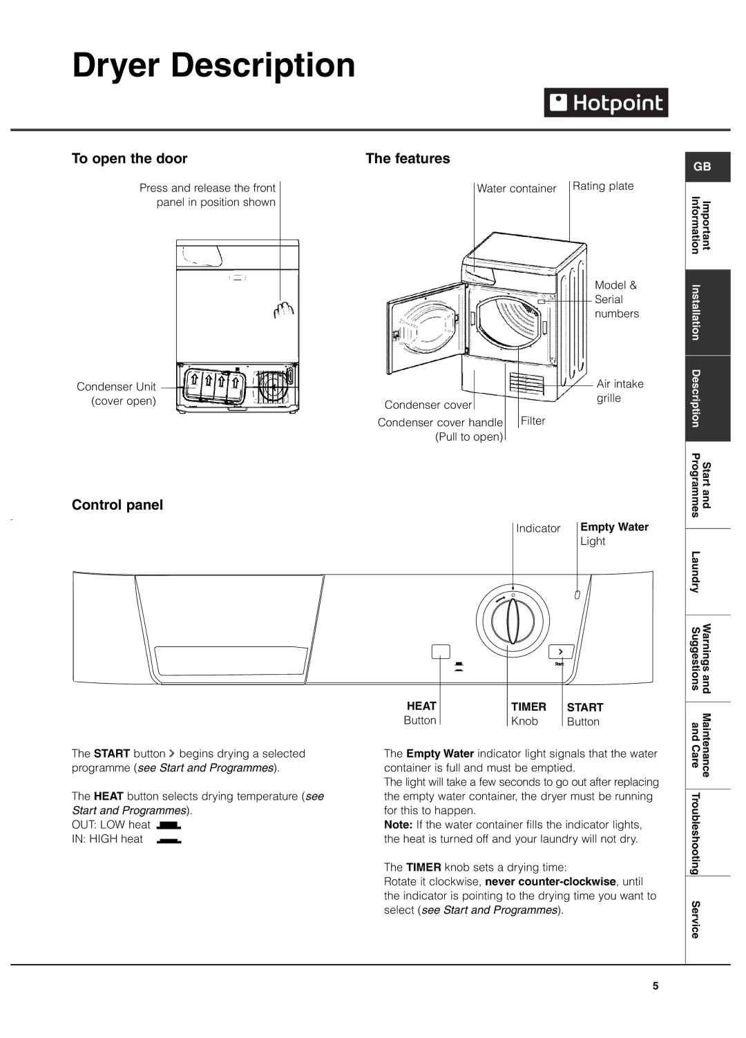 Hotpoint TCM580 manual Dryer Description, To open the door, Features, Control panel 