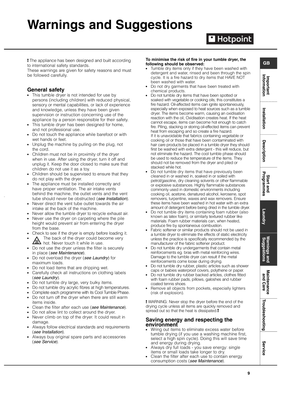 Hotpoint TCM580 manual General safety, Saving energy and respecting the environment 