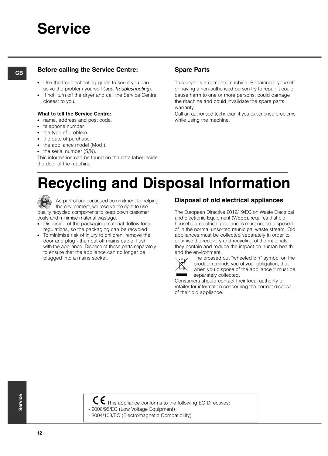 Hotpoint TCM580 manual Recycling and Disposal Information, Before calling the Service Centre, Spare Parts 