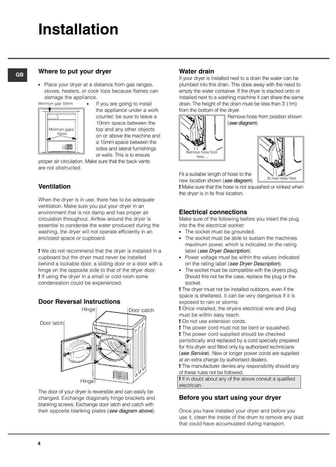 Hotpoint TCM580 manual Installation 