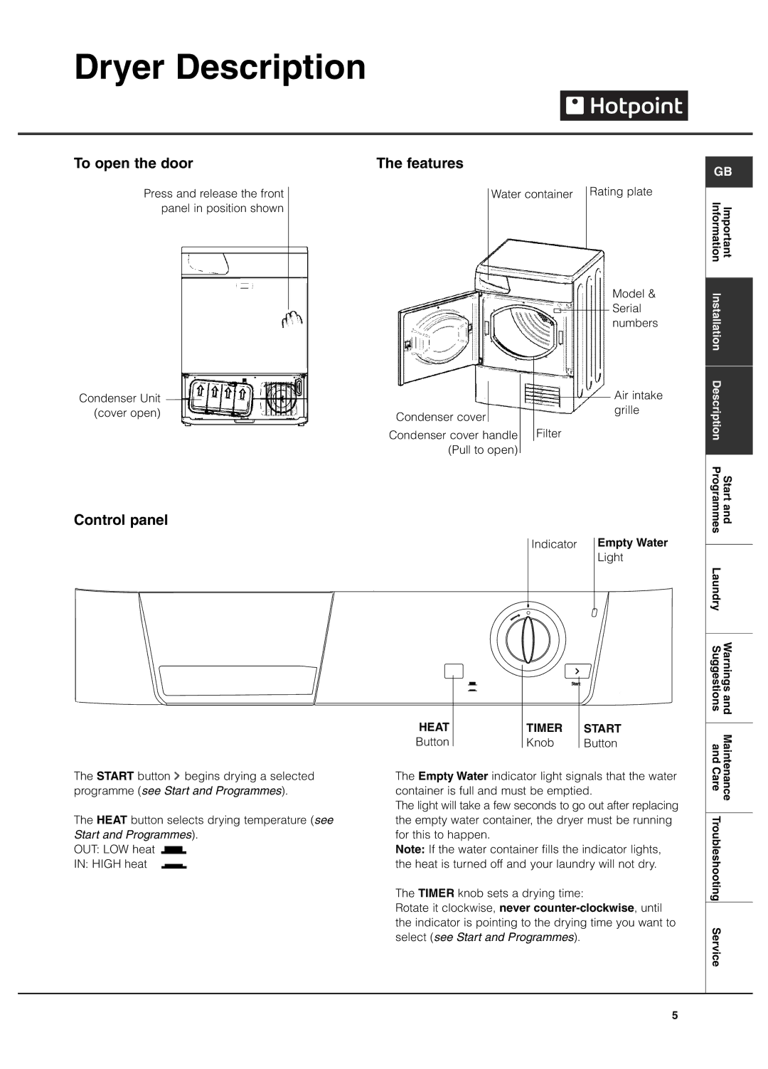 Hotpoint TCM580 manual Dryer Description, To open the door, Features, Control panel 