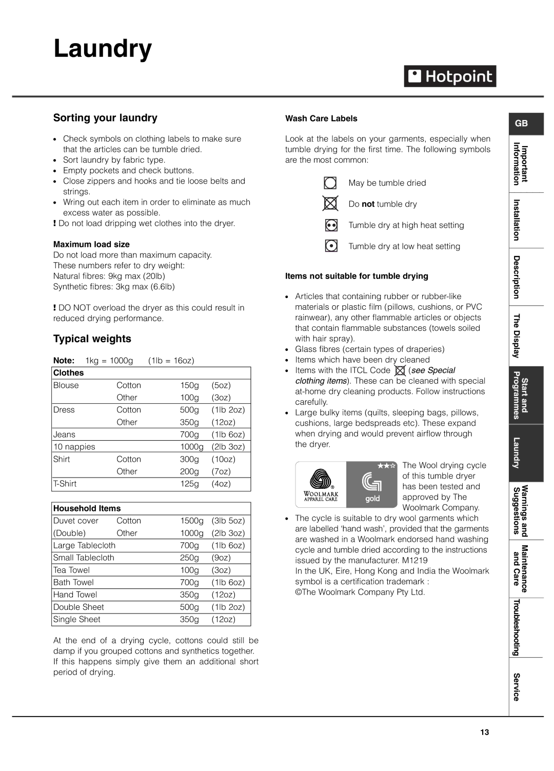 Hotpoint Tumble Dryer, TCUD 97B manual Laundry, Sorting your laundry, Typical weights 