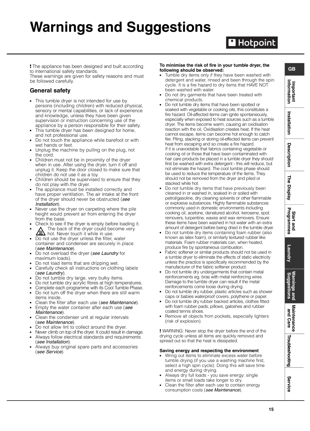 Hotpoint Tumble Dryer, TCUD 97B manual General safety, Saving energy and respecting the environment 