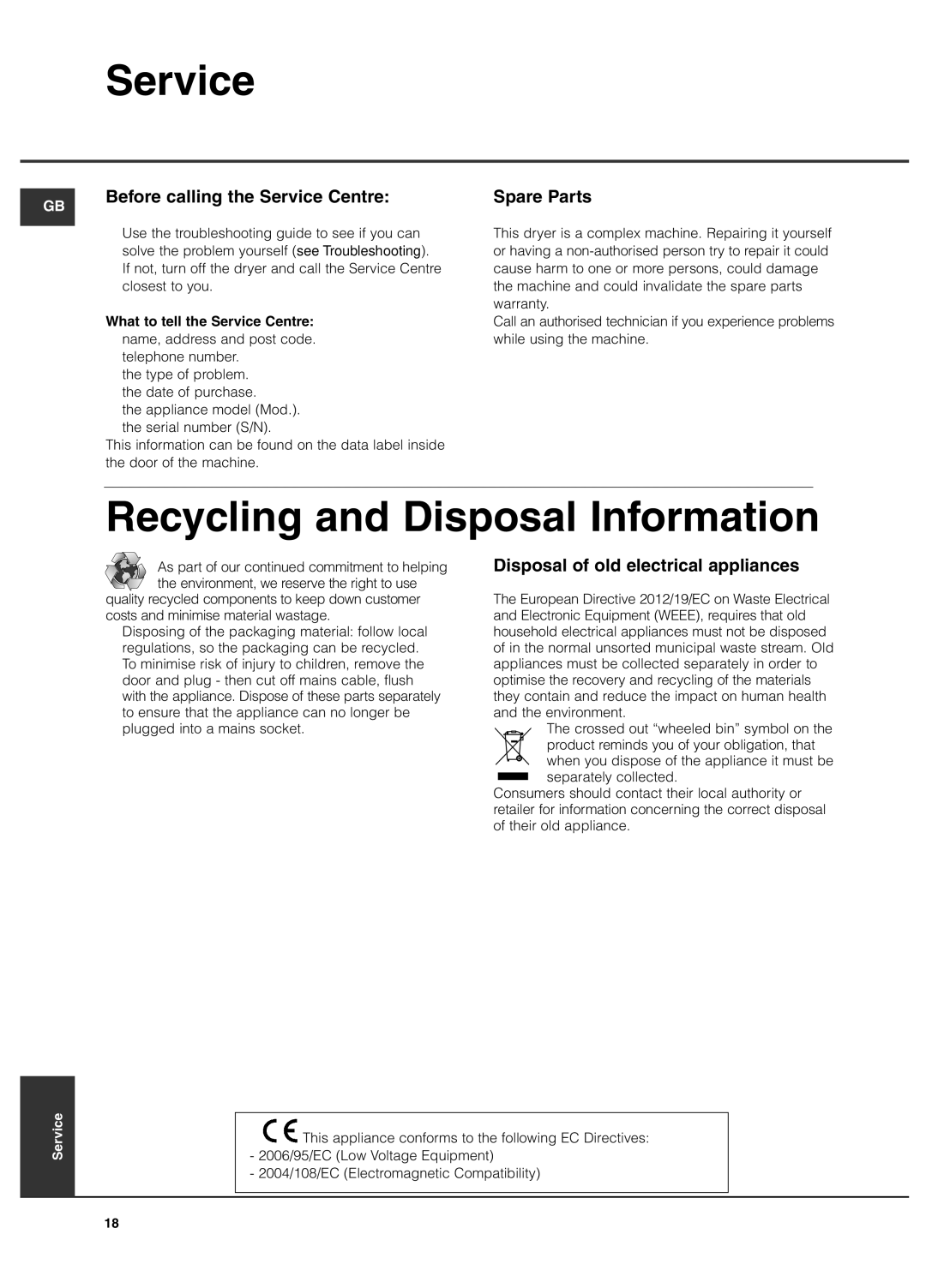 Hotpoint TCUD 97B, Tumble Dryer Recycling and Disposal Information, Before calling the Service Centre, Spare Parts 