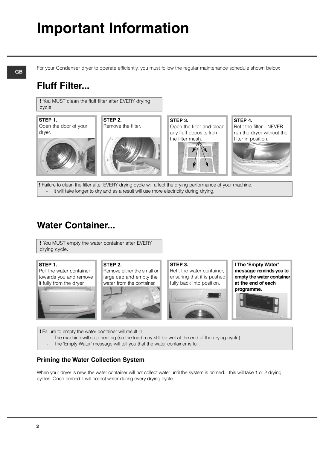 Hotpoint TCUD 97B, Tumble Dryer Important Information, Fluff Filter, Water Container, Priming the Water Collection System 