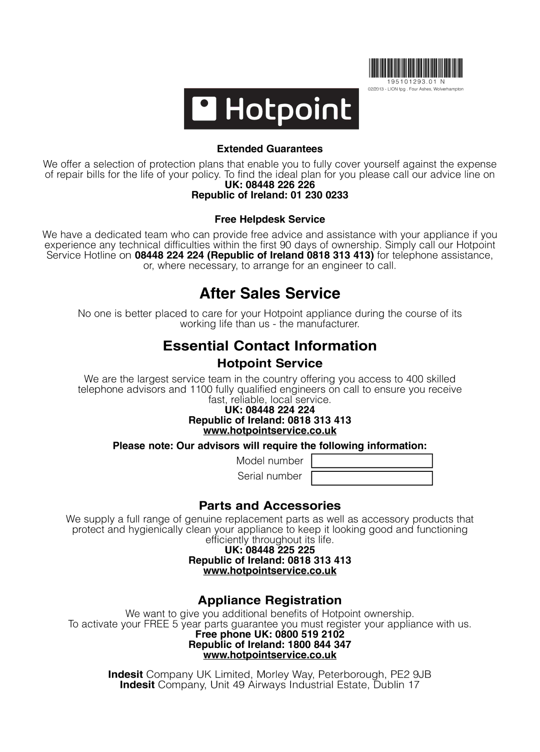 Hotpoint TCUD 97B, Tumble Dryer manual After Sales Service, Extended Guarantees, UK 08448 225 Republic of Ireland 0818 313 