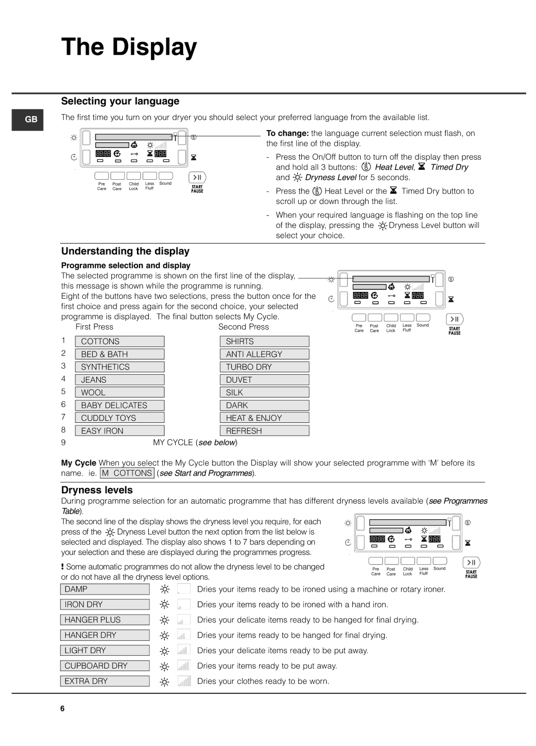 Hotpoint TCUD 97B, Tumble Dryer manual Display, Selecting your language, Understanding the display, Dryness levels 