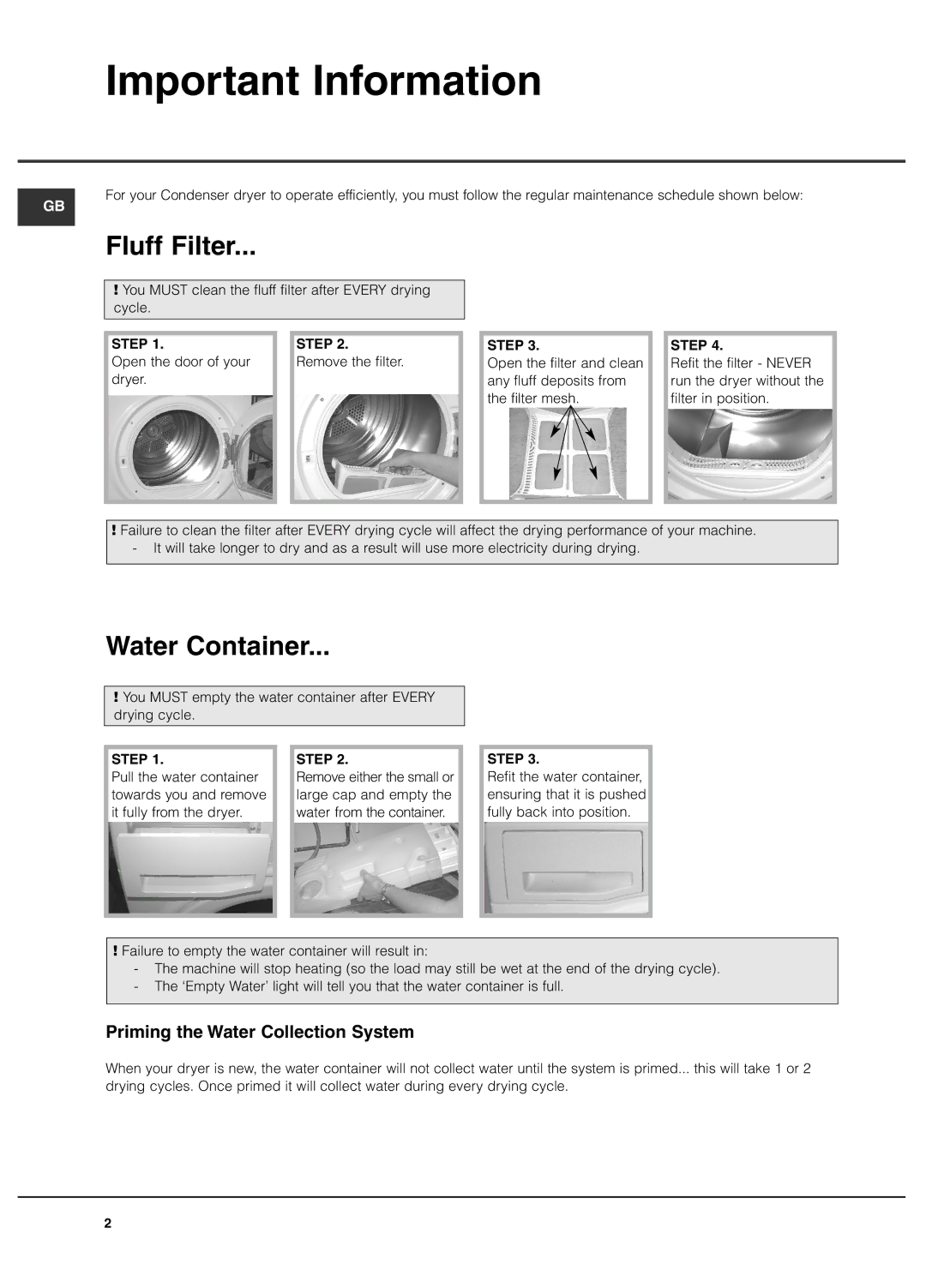 Hotpoint TCYM 750C manual Important Information, Fluff Filter, Water Container, Priming the Water Collection System 