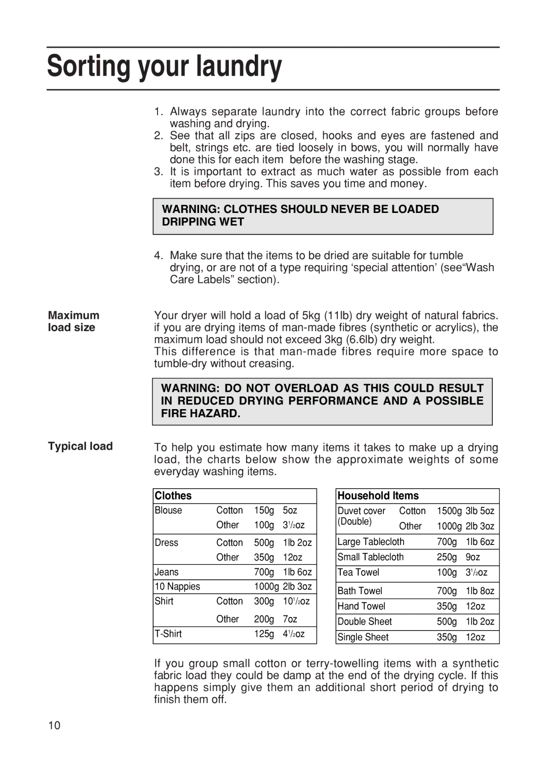 Hotpoint TDL14, TDL15 manual Sorting your laundry, Maximum load size Typical load, Clothes, Household Items 