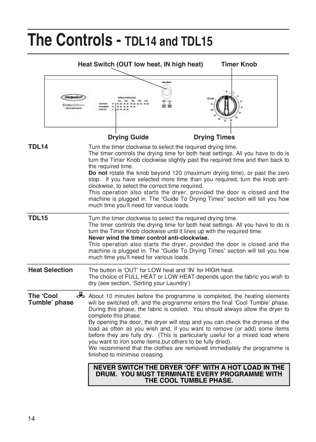 Hotpoint manual Controls TDL14 and TDL15 