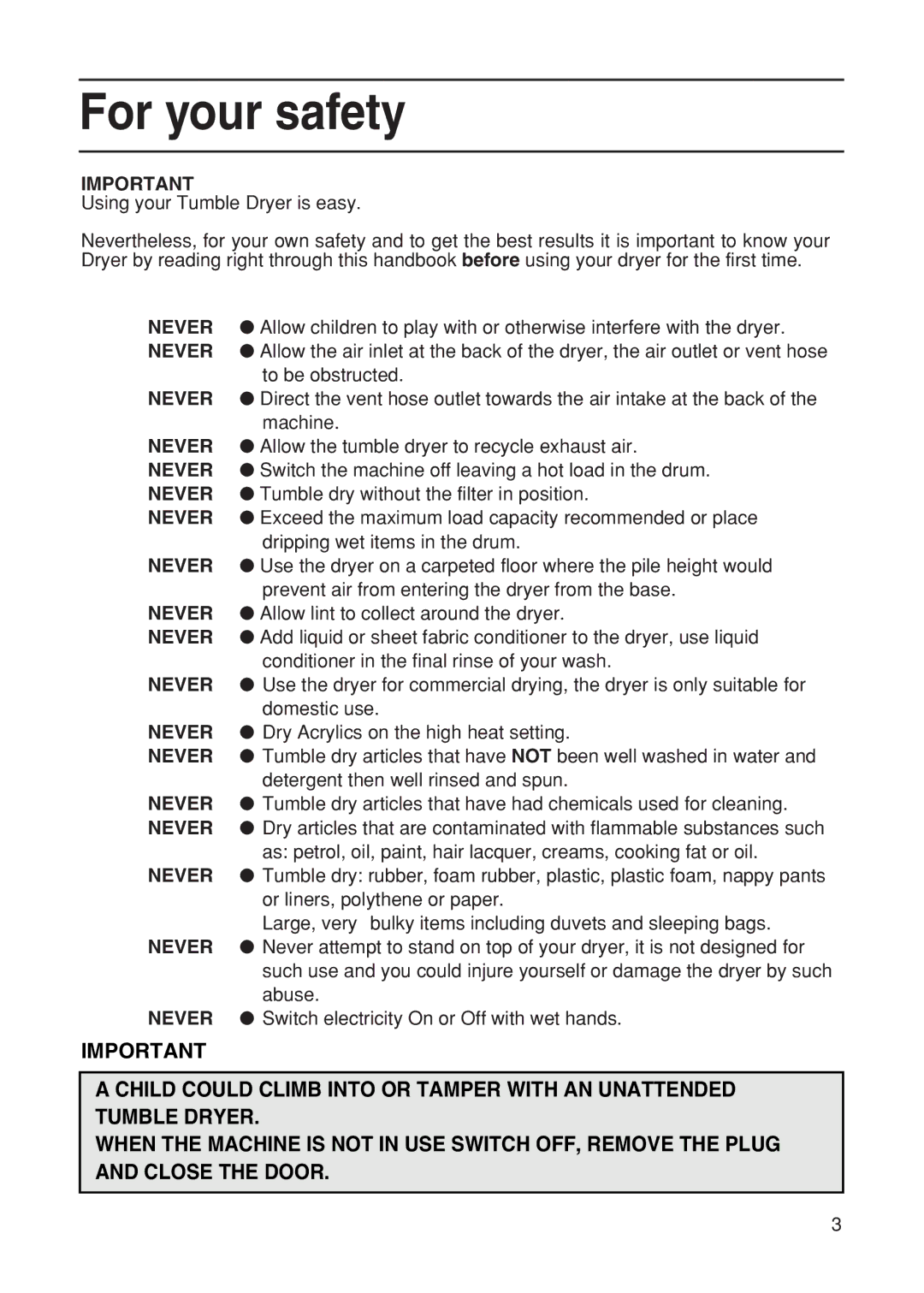 Hotpoint TDL15, TDL14 manual For your safety 