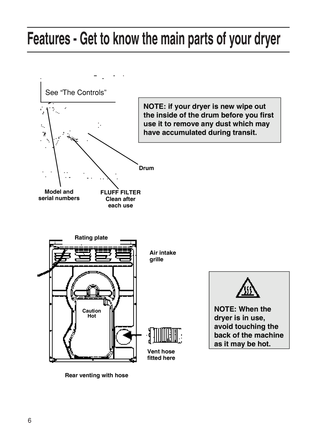 Hotpoint TDL14, TDL15 manual Features Get to know the main parts of your dryer 