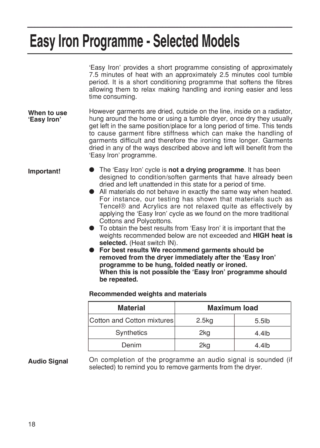 Hotpoint TDL52, TDL54, TVM55 manual Easy Iron Programme Selected Models, When to use ‘Easy Iron’ Audio Signal 