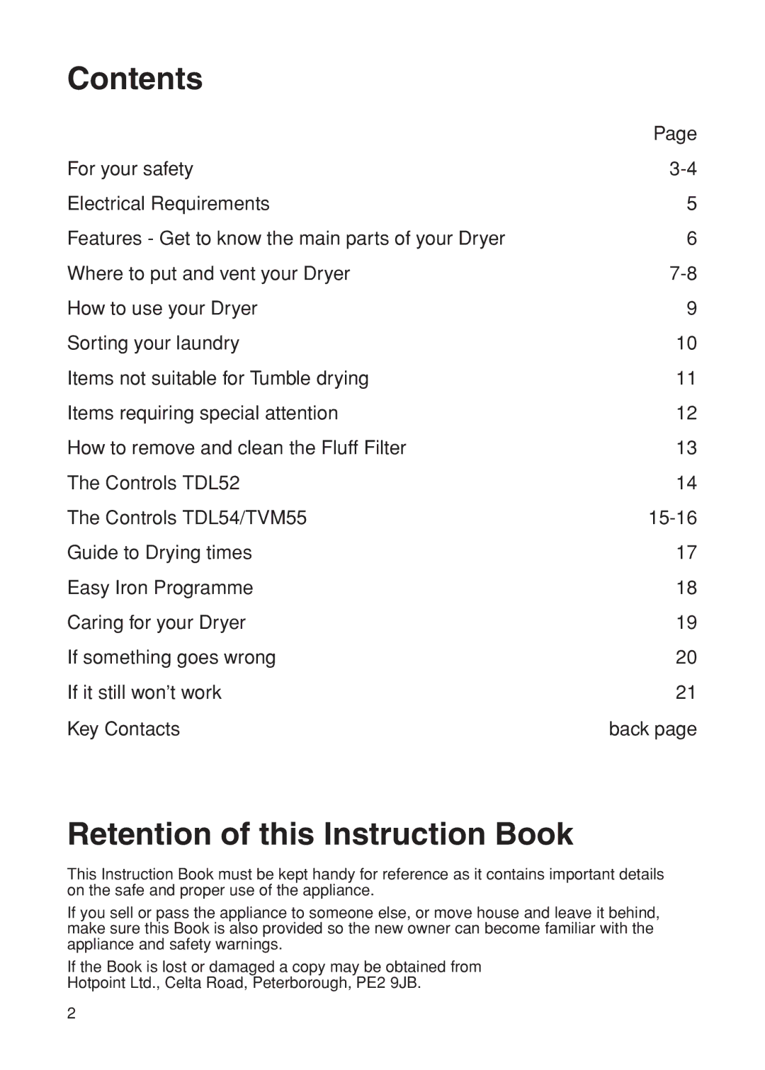 Hotpoint TVM55, TDL52, TDL54 manual Contents 