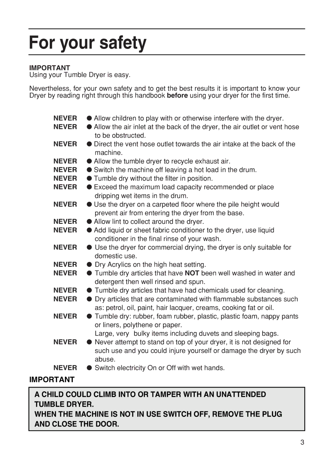 Hotpoint TDL52, TDL54, TVM55 manual For your safety 