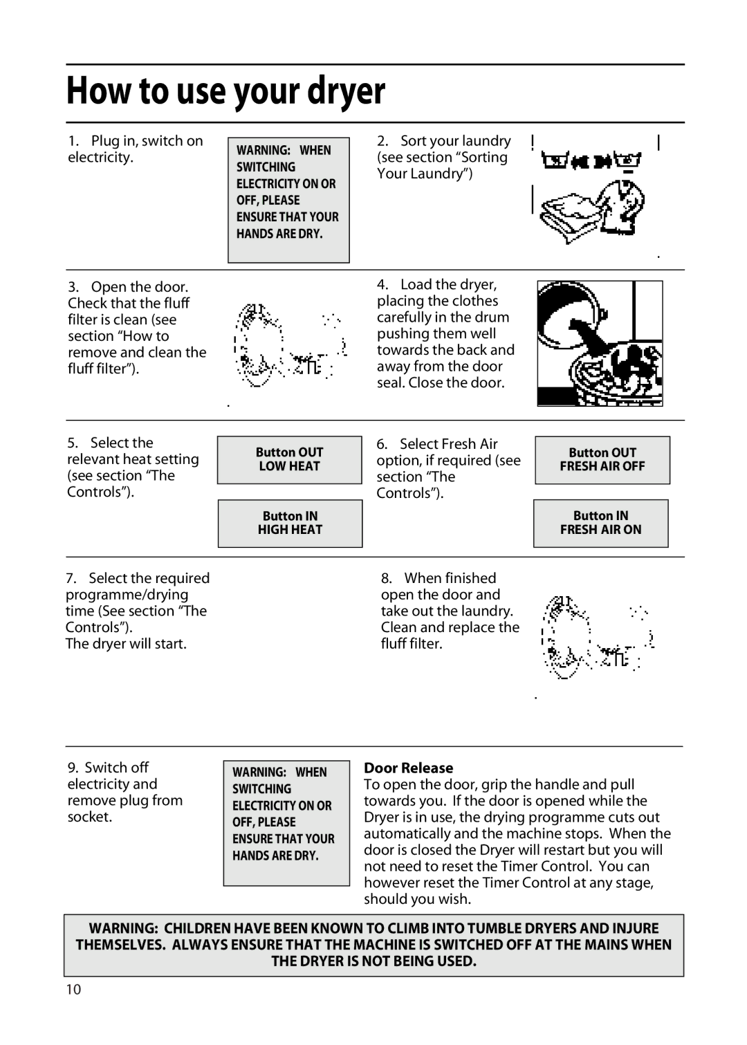 Hotpoint TFA34 manual How to use your dryer, Door Release 